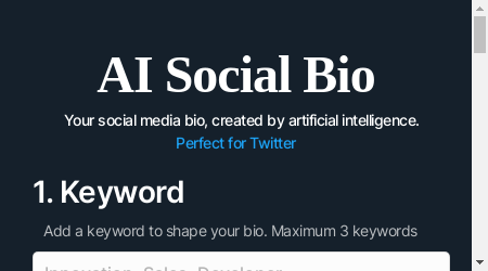 AI Social Bio logo with customizable bio links, analytics dashboard, integration with social media platforms, and customizable CTA buttons.