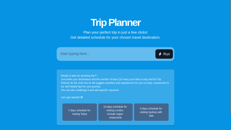 A screenshot of the AI Trip Planner platform, showing various features such as code generation, example apps, easy embedding, and custom branding.