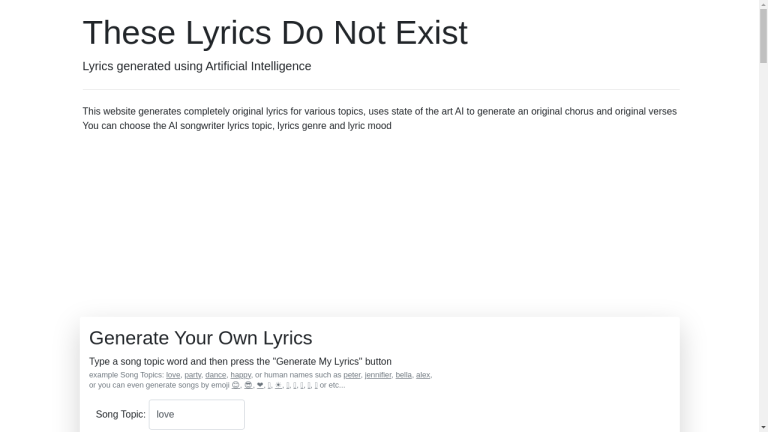 A screenshot of These Lyrics Do Not Exist website showing the AI-generated lyrics and customizable options.