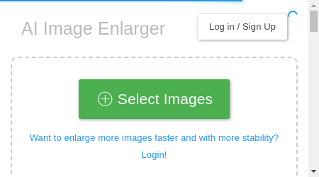 AI Image Enlarger website homepage with an image of a flower being enlarged.