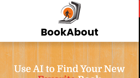 BookAbout logo with text "Revolutionary book search platform using AI technology to find your next favorite read."
