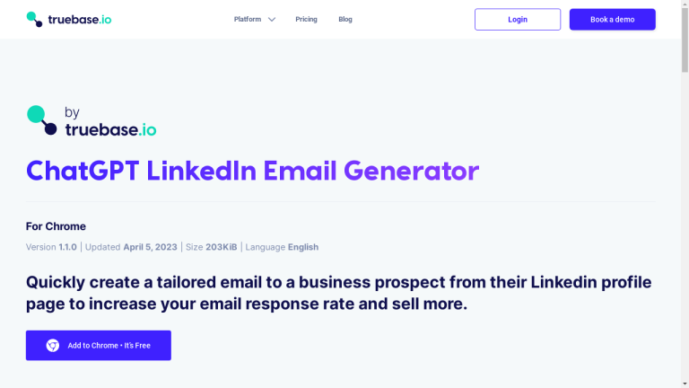 A screenshot of the ChatGPT LinkedIn Email Generator Chrome extension with a sample email generated for a recipient.