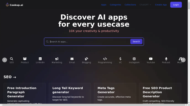 A screenshot of Discover AI Apps platform showing various features and tools such as AI-powered generators for creating blog post titles, SEO optimization tools, product management tools, marketing and email tools, blogging and programming tools, VC and social media tools, and job description, anime, cooking, prediction, education, and Valentine's Day tools.