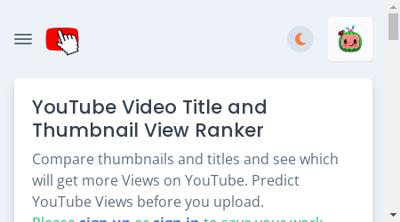 A screenshot of CreatorML's interface showing thumbnail and title comparisons, title generation, and click-through rate predictor features.