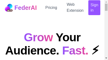 A screenshot of the FederAI homepage, featuring the logo, navigation bar, and a banner with the text "AI-Powered Tweet Writer" and "Write Better Tweets in Half the Time."