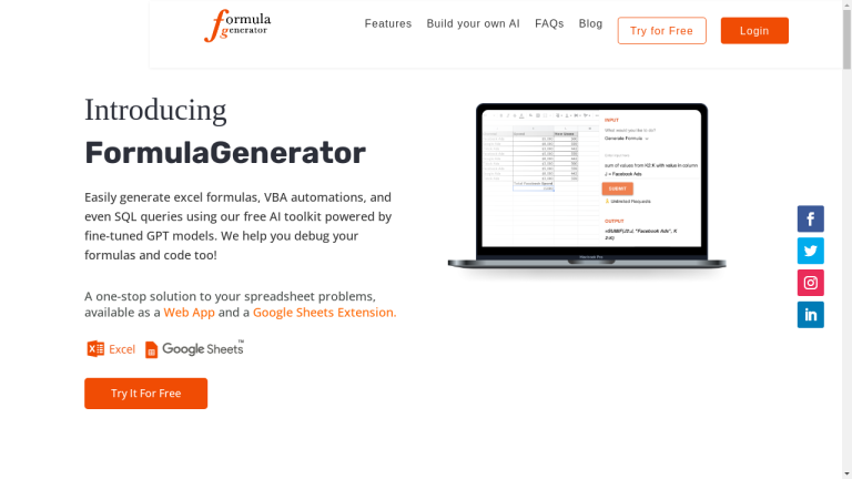 An image of the Formula Generator website displaying the homepage with various features and plans highlighted.