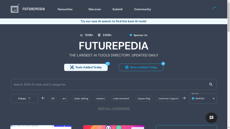 A screenshot of the Futurepedia website showcasing various AI tools available for use.