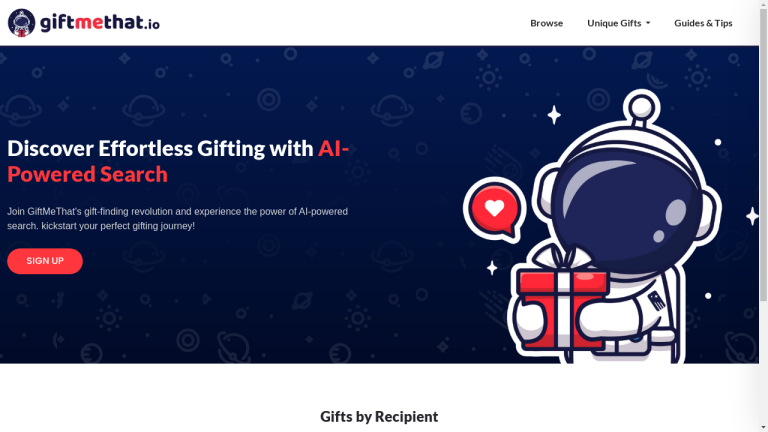 A screenshot of the GiftMeThat website showing a search bar and various gift options with filters.