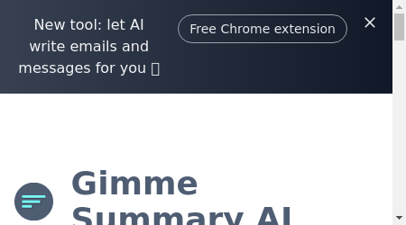 A screenshot of the Gimme Summary AI website with the logo and a summary of an article generated by the tool.