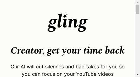 A screenshot of the Gling website showing its features, pricing models, and frequently asked questions.