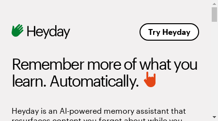 A laptop displaying Heyday's website with the AI-powered memory assistant logo in the center.