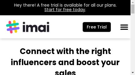 A screenshot of the IMAI website featuring their logo, menu options, and information about their influencer marketing platform.