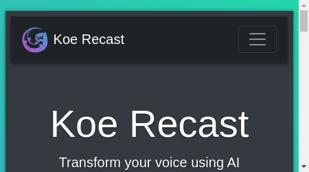 Koe Recast logo with text and graphic elements representing voice transformation technology.