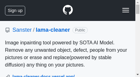 A promotional image for Lama Cleaner, an image inpainting tool powered by SOTA AI model, showcasing its features, pricing plans, and frequently asked questions.