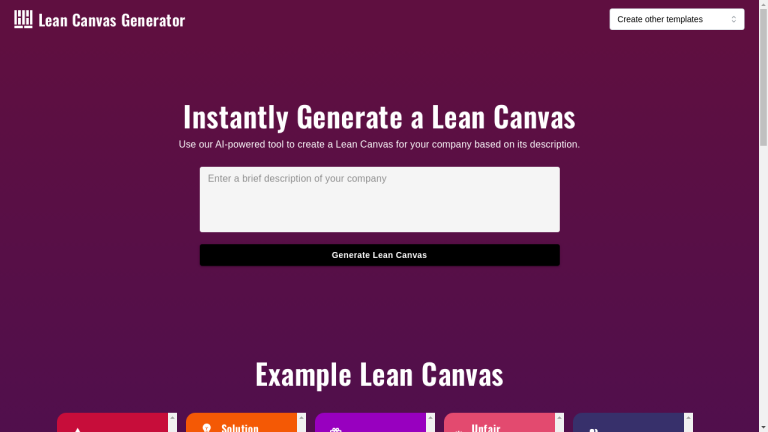 A computer screen displaying the AI Lean Canvas Generator website with the tool's logo and a mock-up of a generated Lean Canvas.