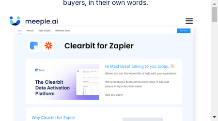 A screenshot of the Meeple.ai homepage with a banner image of a person working on a laptop. The text on the image reads "Close 10x more deals using your buyers' words."