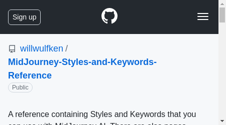 A screenshot of the MidJourney Styles & Keywords Reference homepage, showcasing its various features and benefits.