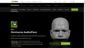A person using Omniverse Audio2Face software to animate a 3D character's facial expressions using an audio source.