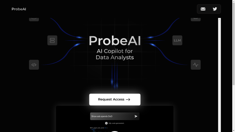 A computer screen displays ProbeAI's SQL code generator feature. The user has entered a prompt and is generating SQL code with the help of the AI-powered tool.