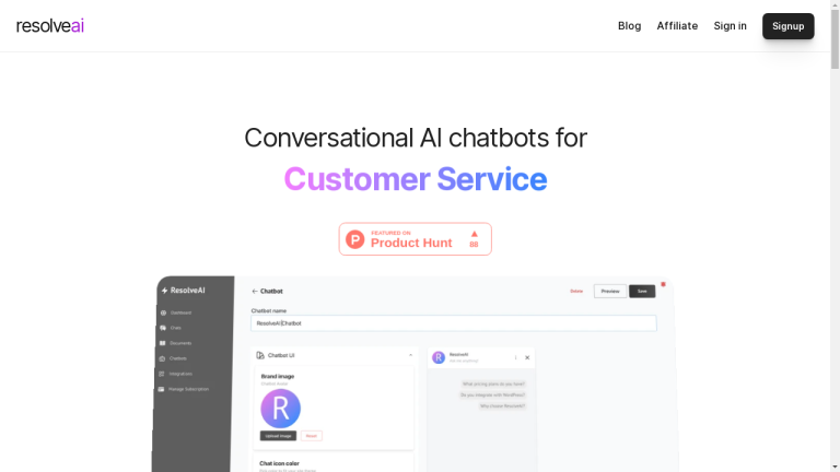 A screenshot of the ResolveAI platform showing the interface for building a chatbot.