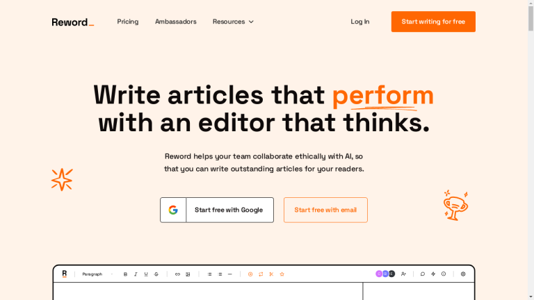 A screenshot of the Reword homepage with the tagline "AI-powered writing assistant" and three pricing plans listed.