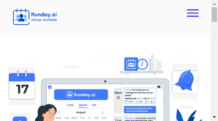 A graphic with the Runday logo and the text "Features, Pricing, & FAQs" on a blue background.