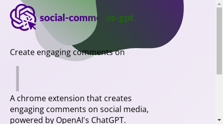 A screenshot of the Social Comments GPT Chrome extension with customizable settings and a generated comment displayed on a social media post.