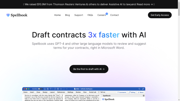A laptop screen displaying Spellbook's website with a banner reading "Draft Contracts Faster with AI" and various features listed below, including instant language suggestion, automatic detection of pressing issues, suggestion of missing clauses, and common points of negotiation.