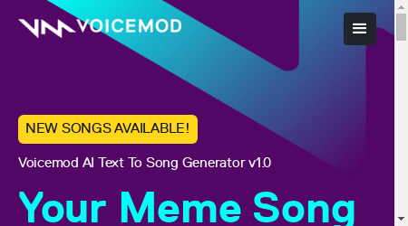 Voicemod AI Text To Song Generator v1.0 landing page featuring a screenshot of the music generator interface with different genre options and a text input box.