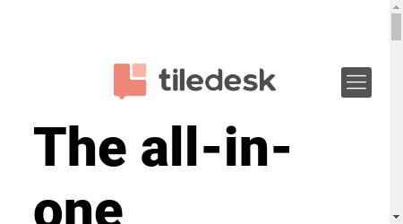 Image of a laptop displaying the Tiledesk website homepage with the logo, menu options, and a chatbot interface.