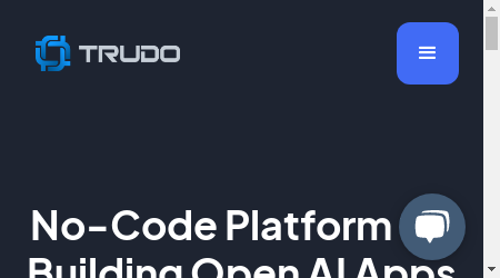 A text description of Trudo, a no-code platform for building AI applications with features such as intuitive UI, fine-tuning with CSV, JSON format, and long-term memory.
