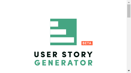 User Story Generator logo on a blue background with text describing the features, pricing, and frequently asked questions.