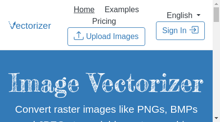 A computer screen showing the Image Vectorizer website with a sample image being converted from a raster image to a vector graphic.