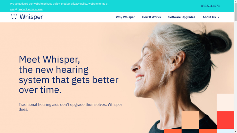 A person wearing a Whisper AI hearing aid in their ear. The device is small and discreet, and fits snugly in the ear.