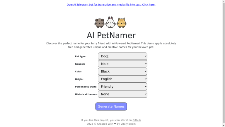 A screenshot of the AI Pet Namer app showing various pet types and filters.