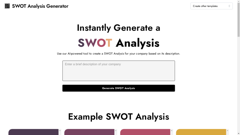 An online tool that uses artificial intelligence to generate a comprehensive SWOT analysis for businesses.