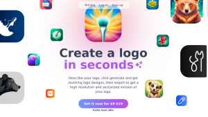 AppLogoCreator logo generator interface with logo ideas and customization options.