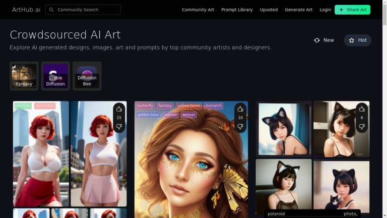 A screenshot of the ArtHub.ai platform featuring various AI-generated artworks and the different pricing plans available.