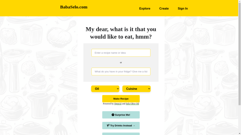 Image of Baba Selo logo and a chatbot interface with a recipe suggestion and grocery ordering options.