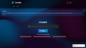 A laptop with a screen displaying ChatBA's website, showcasing its features and pricing plans.