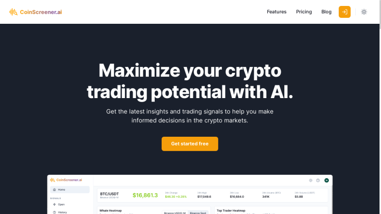 A screenshot of the CoinScreener.ai website showing real-time market data and insights, advanced technical analysis tools, AI-generated trading signals, top trader strategies, and pricing plans.