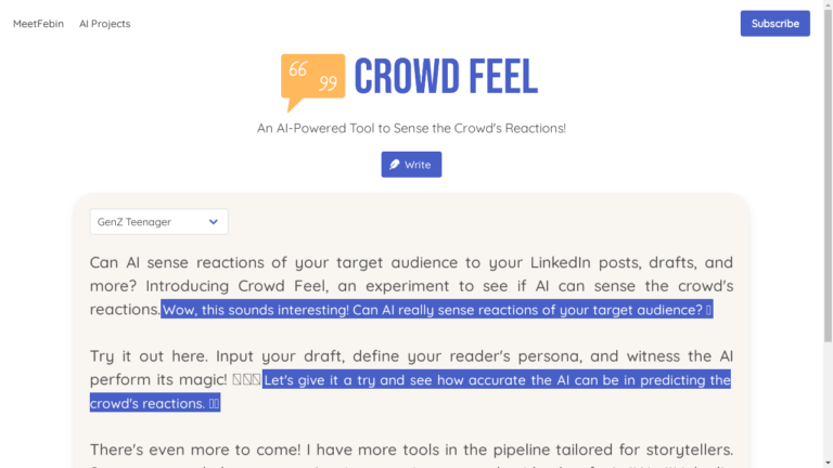 A computer screen displaying the Crowd Feel website with a user inputting their content and defining their intended reader's persona.