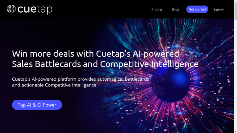 A computer screen displaying Cuetap's AI-powered platform for sales teams, with Battlecards and Competitive Intelligence features highlighted.