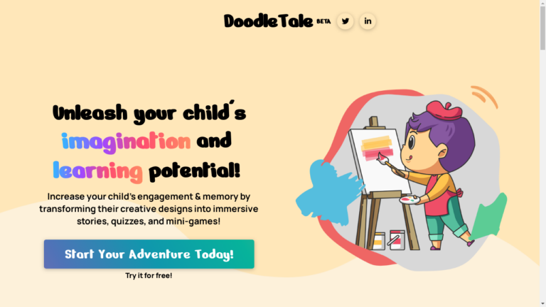Image of a child using DoodleTale app on a tablet, with customizable coloring experience, personalized AI-generated stories, and multilingual support features highlighted.