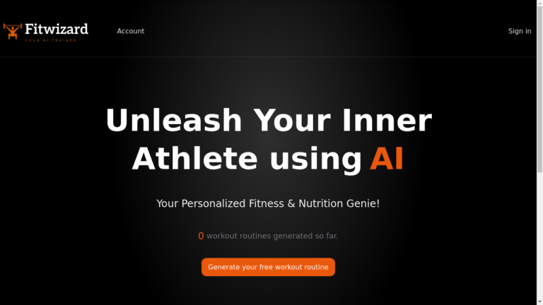 FitWizard.Health logo with text and icons representing personalized fitness, nutrition guidance, AI-powered platform, and free workout routine.