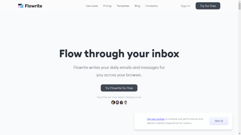 A screenshot of Flowrite's website showcasing its features, including seamless integration with email and messaging tools, AI-powered messaging, template gallery, and an accurate and intuitive tool.