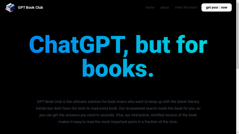 A laptop displaying the GPT Book Club website with personalized insights, AI-powered search, interactive and minified book versions, and an extensive book catalog.