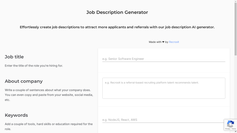 A screenshot of the Job Description Generator website with the logo and main features highlighted.