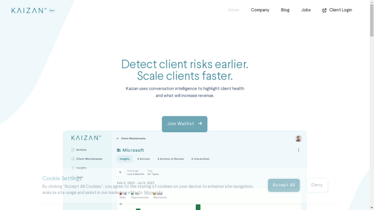 "Kaizan logo with text introducing the Client Intelligence Platform and its features, pricing models, and frequently asked questions."