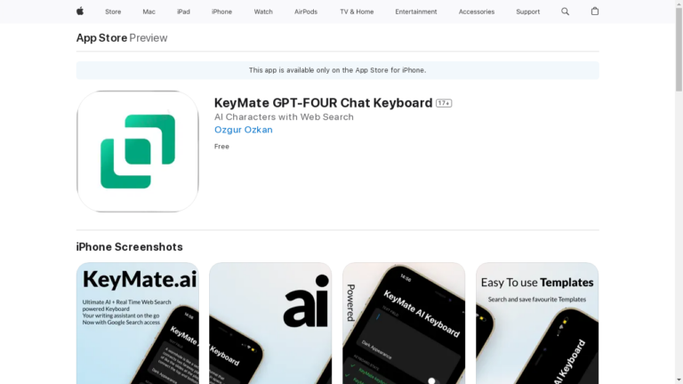 KeyMate GPT-FOUR Chat Keyboard, an AI-powered writing assistant, offers features including grammar correction, translation, and AI-generated writing prompts. It also provides therapeutic self-help, fitness guidance, and personalized dietary advice.